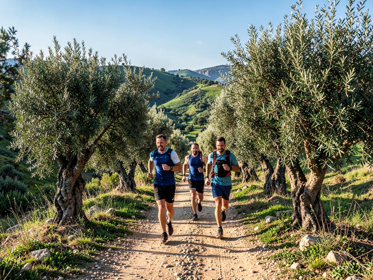 Trail runners moving through an olive grove